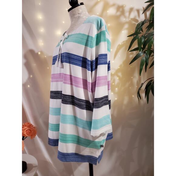 T by Talbots Striped Lace Up Rope Tassel 3/4 Sleeve Pullover Top Plus Size 3X - Picture 2 of 10